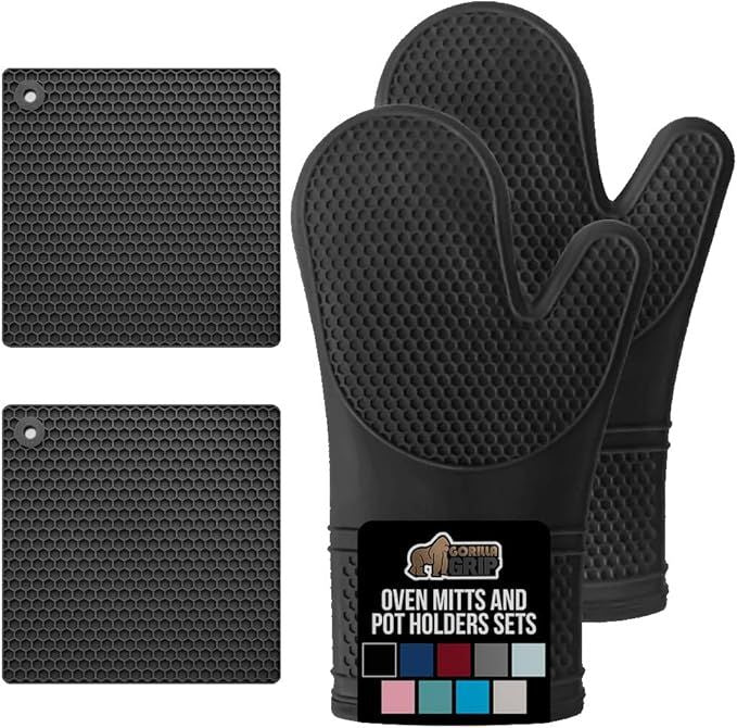 Free Soft Silicone Oven Mitts and Pot Holders Sets of 4, Heat Resistant Waterproof Cooking Gloves, Thick Cotton Lining, Flexible Gripping for Baking Grilling, Kitchen Trivets, Black
