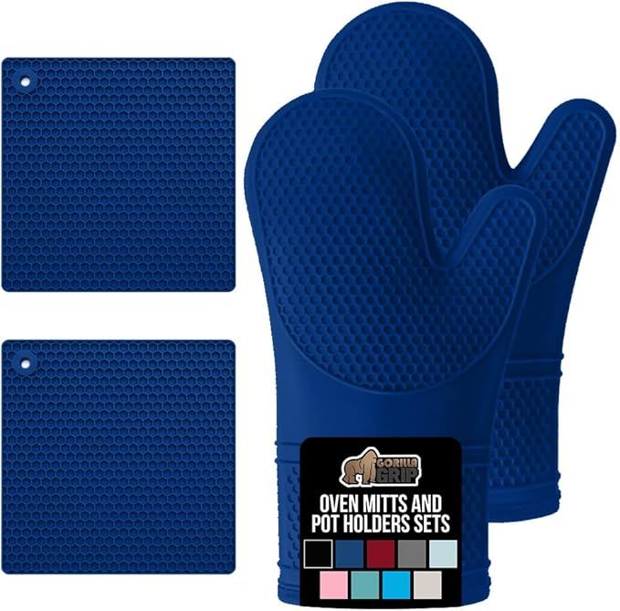 Free Soft Silicone Oven Mitts and Pot Holders Sets of 4, Heat Resistant Waterproof Cooking Gloves, Thick Cotton Lining, Flexible Gripping for Baking Grilling, Kitchen Trivets, Blue