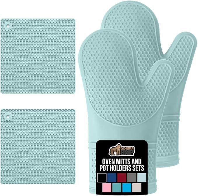 Free Soft Silicone Oven Mitts and Pot Holders Sets of 4, Heat Resistant Waterproof Cooking Gloves, Thick Cotton Lining, Flexible Gripping for Baking Grilling, Kitchen Trivets, Mint