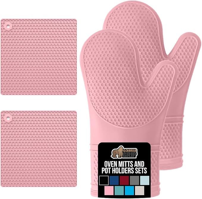 Free Soft Silicone Oven Mitts and Pot Holders Sets of 4, Heat Resistant Waterproof Cooking Gloves, Thick Cotton Lining, Flexible Gripping for Baking Grilling, Kitchen Trivets, Pink