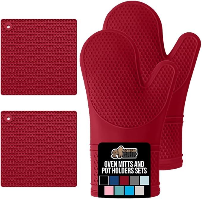 Free Soft Silicone Oven Mitts and Pot Holders Sets of 4, Heat Resistant Waterproof Cooking Gloves, Thick Cotton Lining, Flexible Gripping for Baking Grilling, Kitchen Trivets, Red