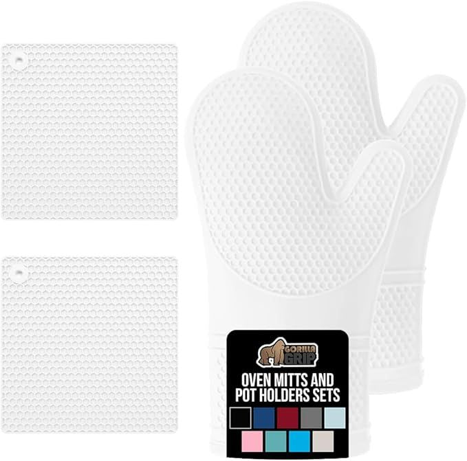 Free Soft Silicone Oven Mitts and Pot Holders Sets of 4, Heat Resistant Waterproof Cooking Gloves, Thick Cotton Lining, Flexible Gripping for Baking Grilling, Kitchen Trivets, White