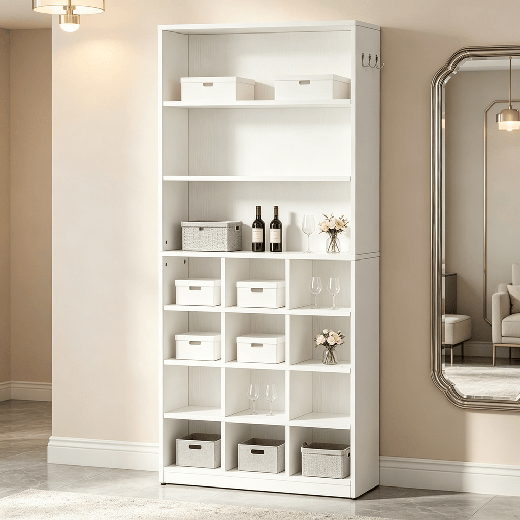 Freestanding Shoe Cabinet 24 Pair Capacity with Side Hooks Organizer for Home Garage Storage  Wood Look Finish