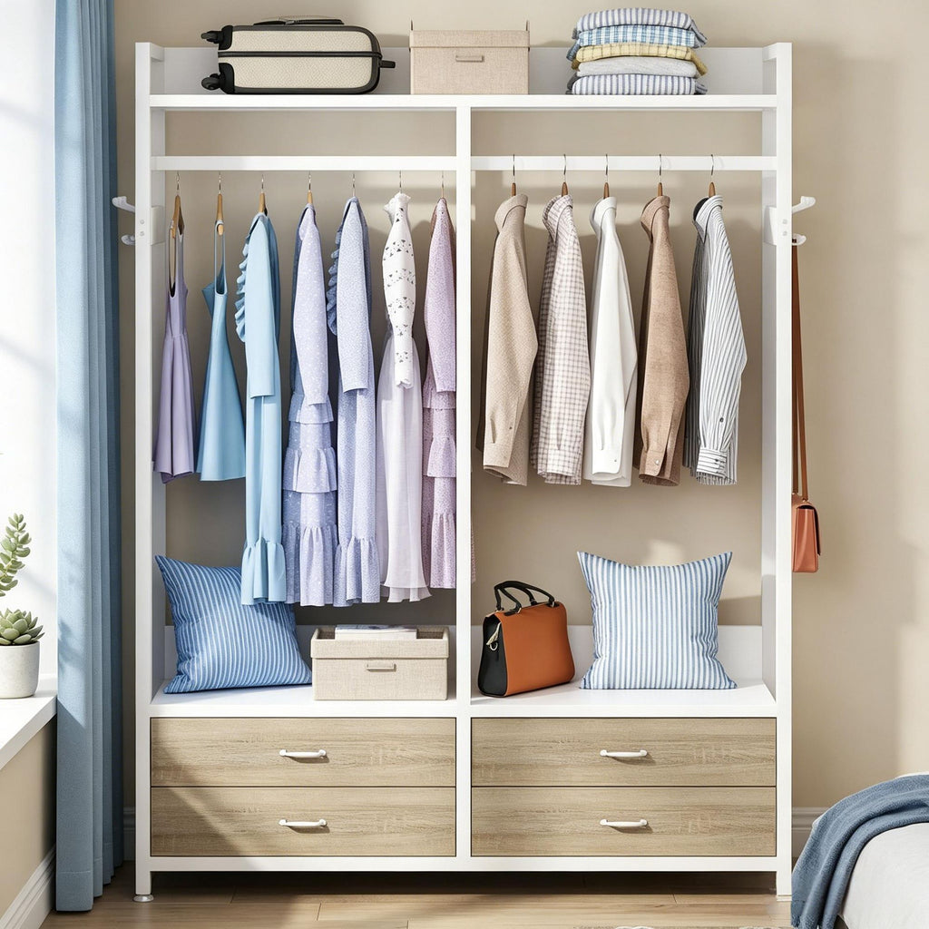 Freestanding Walk-In Closet Organizer with Garment Rack Drawers And Shelves for Bedroom Home Organization