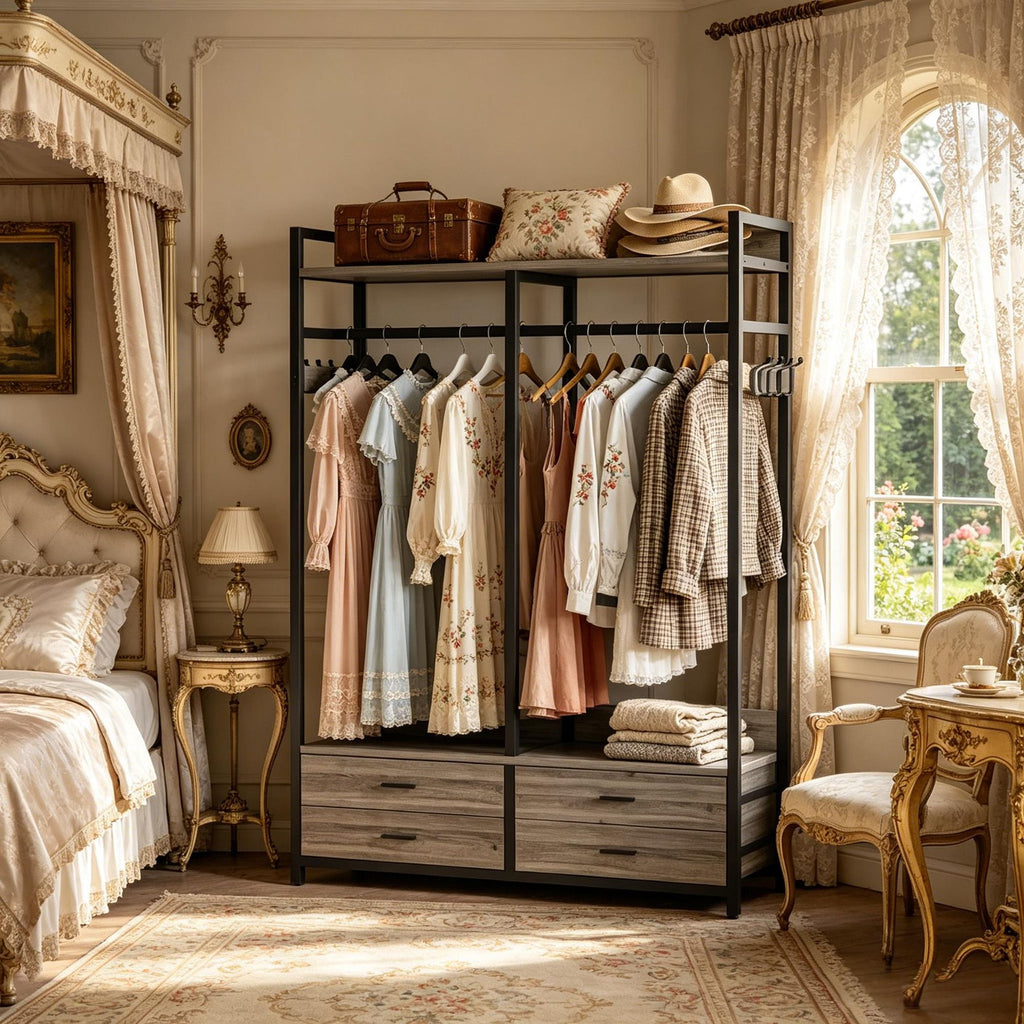 Freestanding Walk-In Closet Organizer with Garment Rack Drawers And Shelves for Bedroom Home Organization