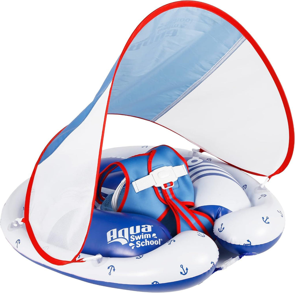 Freestyle Swimmer Baby Pool Float with Multi-Position, Adjustable Safety Seat, Free Swimming, Dual Air Chambers Safe, Red-White-Blue Nautical