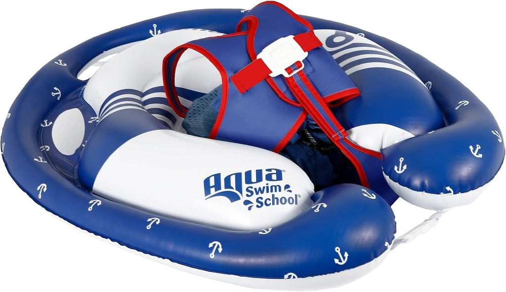 Freestyle Swimmer Baby Pool Float with Multi-Position, Adjustable Safety Seat, Free Swimming, Dual Air Chambers Safe, Red-White-Blue Nautical