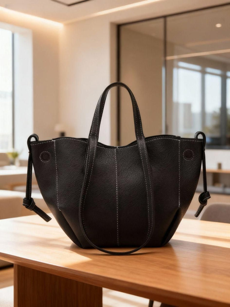 French Vintage Drawstring Tote Bag, Soft Faux Leather Large Capacity Commuter Shoulder Handbag for Women