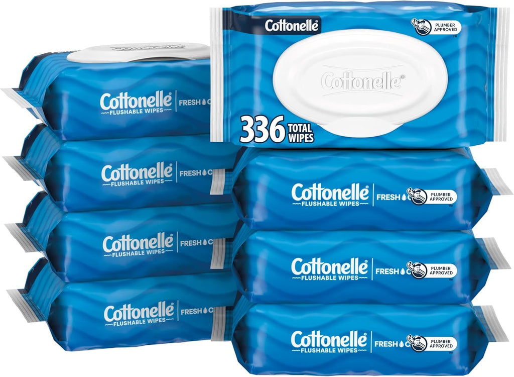 Fresh Feel Flushable Wet Wipes, Adult Wet Wipes, 8 Flip-Top Packs, 42 Wipes Per Pack (336 Total Wipes),