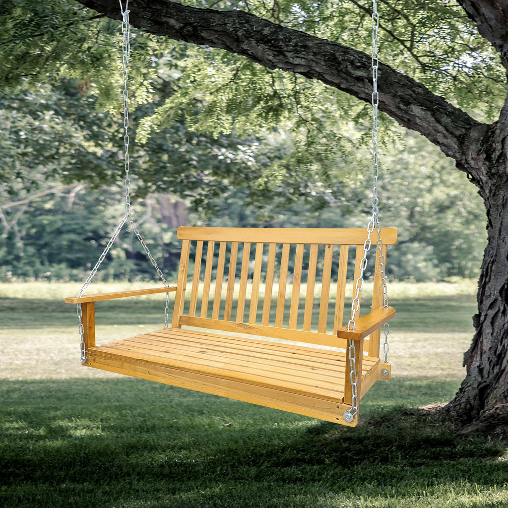 Front Porch Swing with Armrests;  Wood Bench Swing with Hanging Chains; for Outdoor Patio ; Garden Yard;  porch;  backyard;  or sunroom; Easy to Assemble; teak