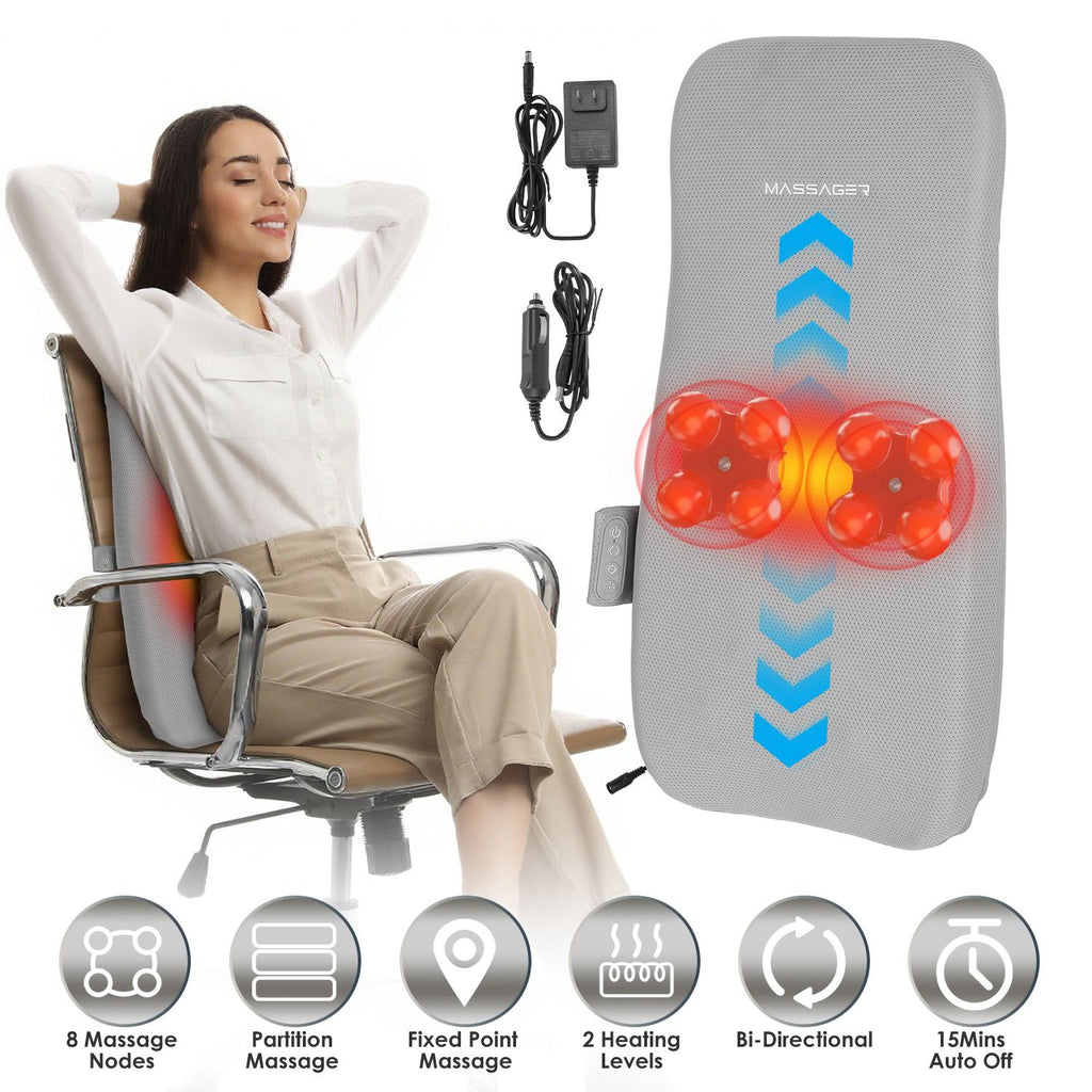 Full Back Massager With Rolling Kneading Nodes Soothing Heating 3D Deep Tissue Shiatsu Chair Massage Pad For Lumbar Upper Lower Back Gift For Women Men GPCT5487