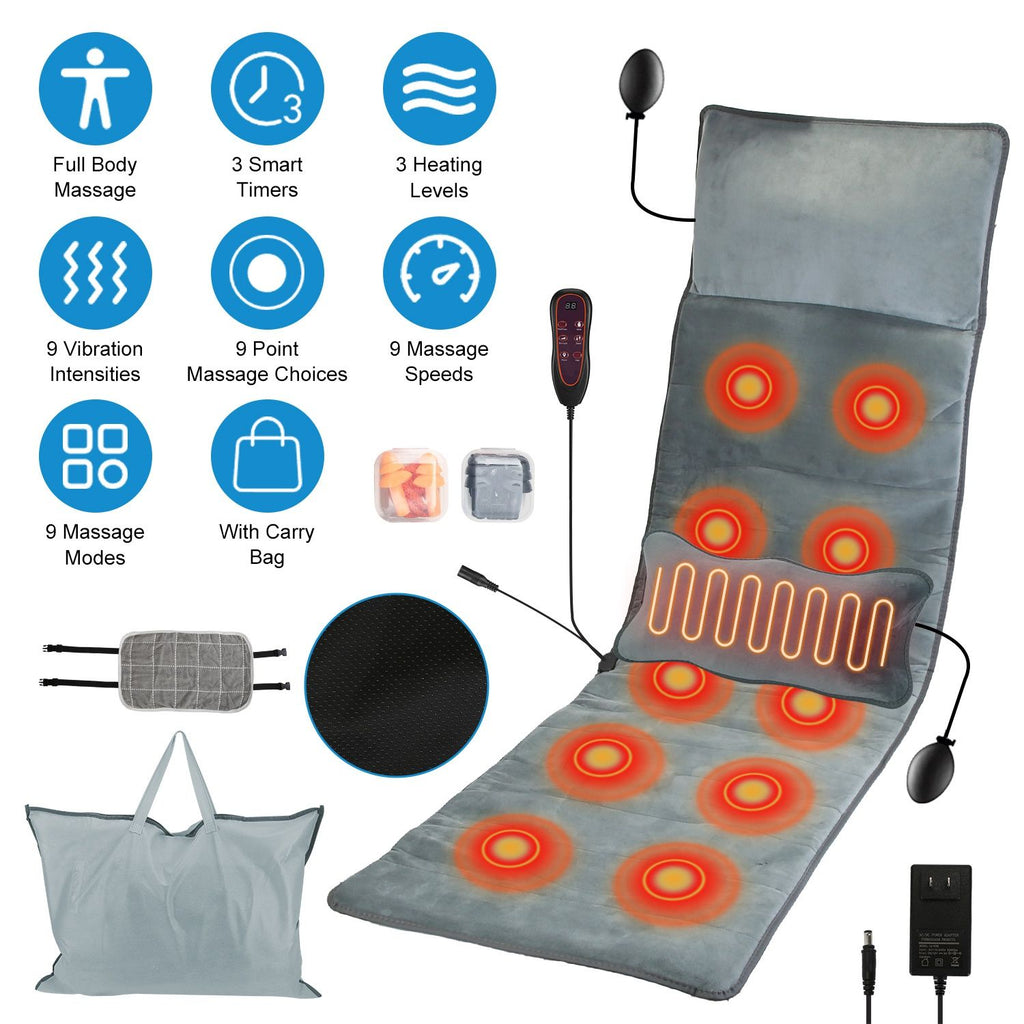 Full Body Electric Massage Mat with Heat Vibration Massage Pad Cushion Back Massage Mattress Chair Pad with Inflatable Head Lumbar Pillow with 10 Vibration Motors 3 Timers Anti-Slip Bottom Earplugs