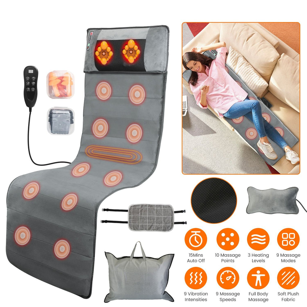 Full Body Electric Massage Mat with Heat Vibration Massage Pad Cushion Back Massage Mattress Chair Pad with Neck Massage Pillow with 10 Vibration Motors Timer