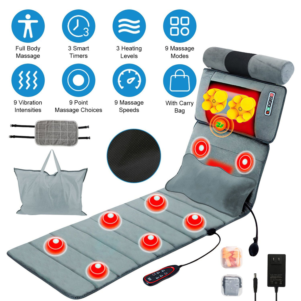 Full Body Electric Massage Mat with Heat Vibration Massage Pad Cushion Back Massage Mattress Chair Pad with Neck Massager Lumbar Pillow with 10 Vibration Motors 3 Timers Anti-Slip Bottom Earplugs