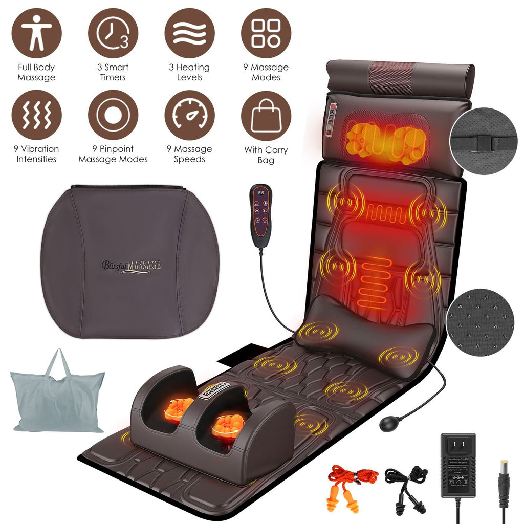 Full Body Massage Mat Multifunctional Massage Chair Pad with Heat Timer Shiatsu Neck Foot Massager Lumbar Pillow Carry Bag Earplugs Anti-Slip Bottom for Reclining Chair