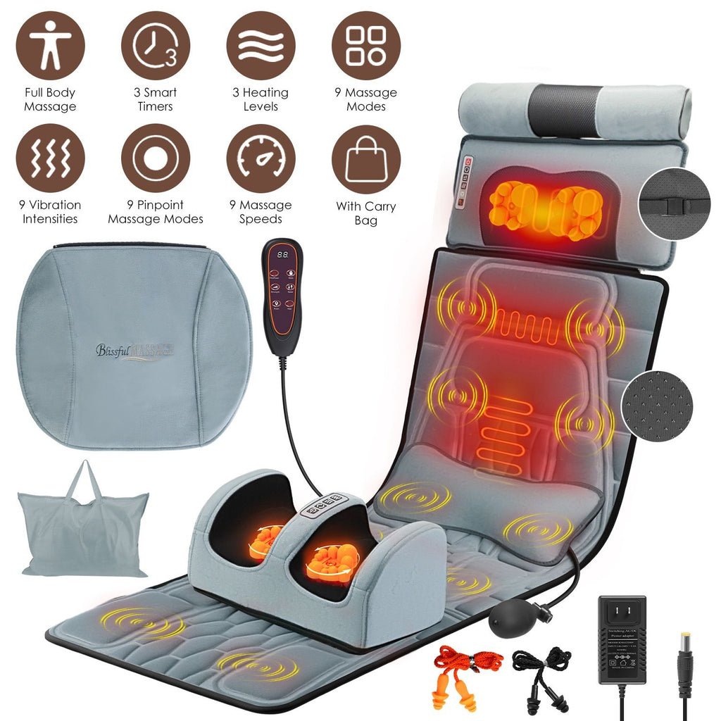 Full Body Massage Mat Multifunctional Massage Chair Pad with Heat Timer Shiatsu Neck Foot Massager Lumbar Pillow Carry Bag Earplugs Anti-Slip Bottom for Reclining Chair