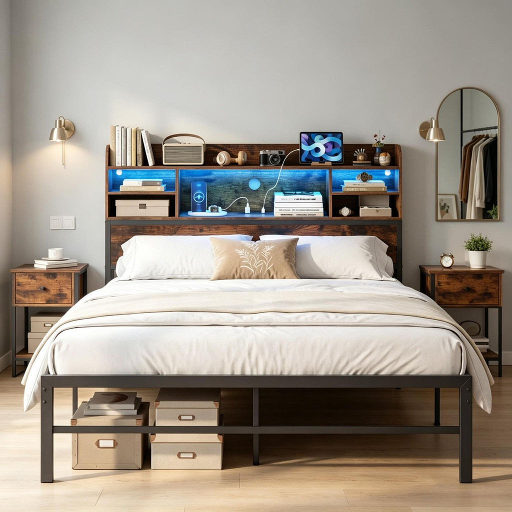 Full Size Bed Frame with LED Lights And Charging Station - Headbord Included