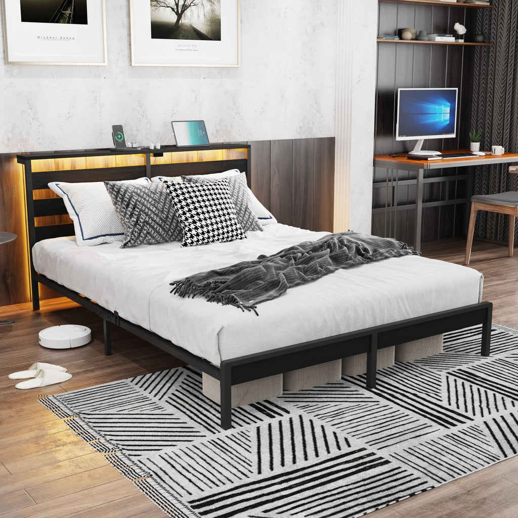Full Size Metal Platform Bed Frame with Wooden Headboard and Footboard with USB LINER, LED Lights, No Box Spring Needed, Under Bed Storage, Easy Assemble