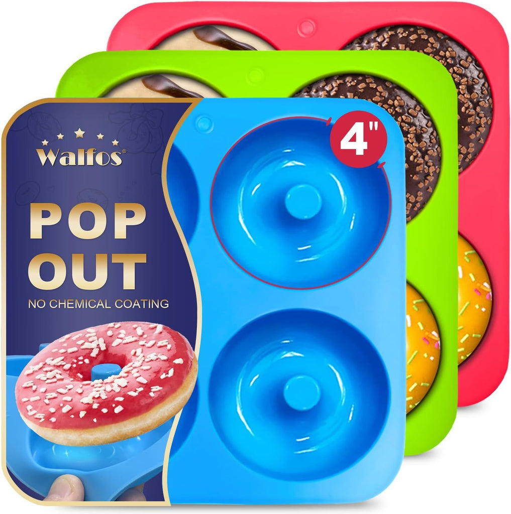 Full Size Silicone Donut Mold - 4 Inch Big Size Silicone Doughnut Pan Set, Non-Stick, Just Pop Out! Heat Resistant, BPA FREE and Dishwasher Safe, for Donut Cake Biscuit Bagels (3PK)
