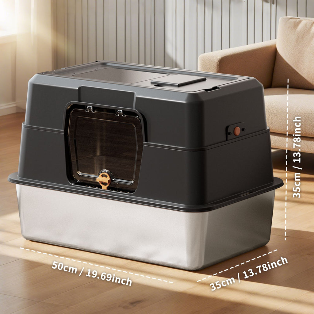 Fully enclosed stainless steel large lid cat litter box, high edge metal cat litter tray with cat litter scoop and mat, odor proof, leak proof, easy to clean