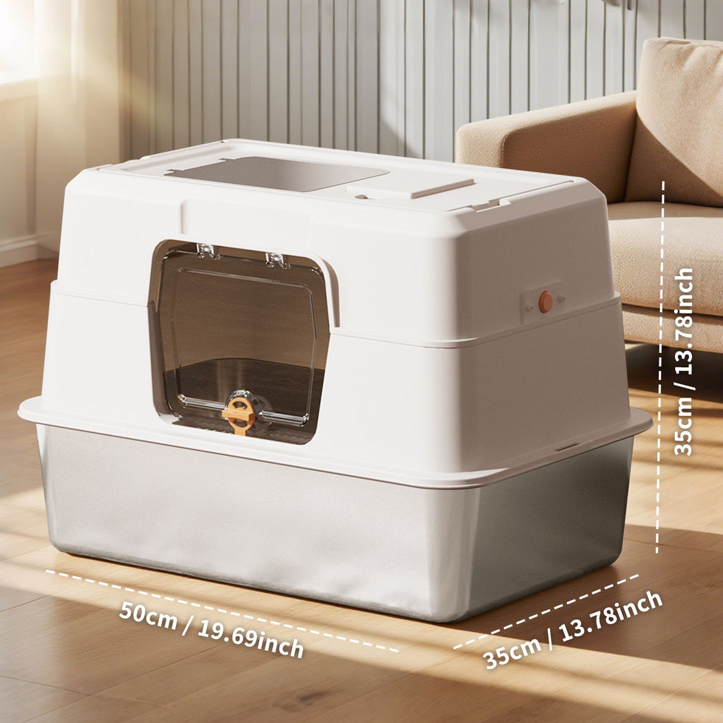 Fully enclosed stainless steel large lid cat litter box, high edge metal cat litter tray with cat litter scoop and mat, odor proof, leak proof, easy to clean