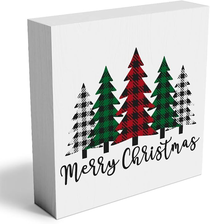 Funny Christmas Trees Wooden Box Sign Plaque Merry Christmas Wood Box Sign Rustic Art Home Shelf Desk Decor christmas tree decorations 5 x 5 x 1 Inches