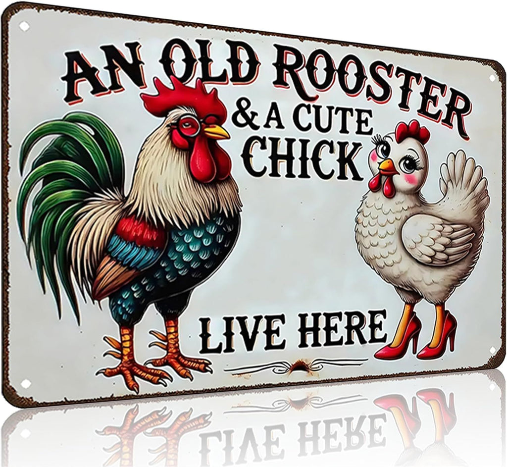 Funny Gifts for Women Chicken Lovers Farm Enthusiasts An Old Rooster And A Cute Chick Live Here Chicken Tin Sign for Chicken Coop Farm Kitchen Garden Yard Decor