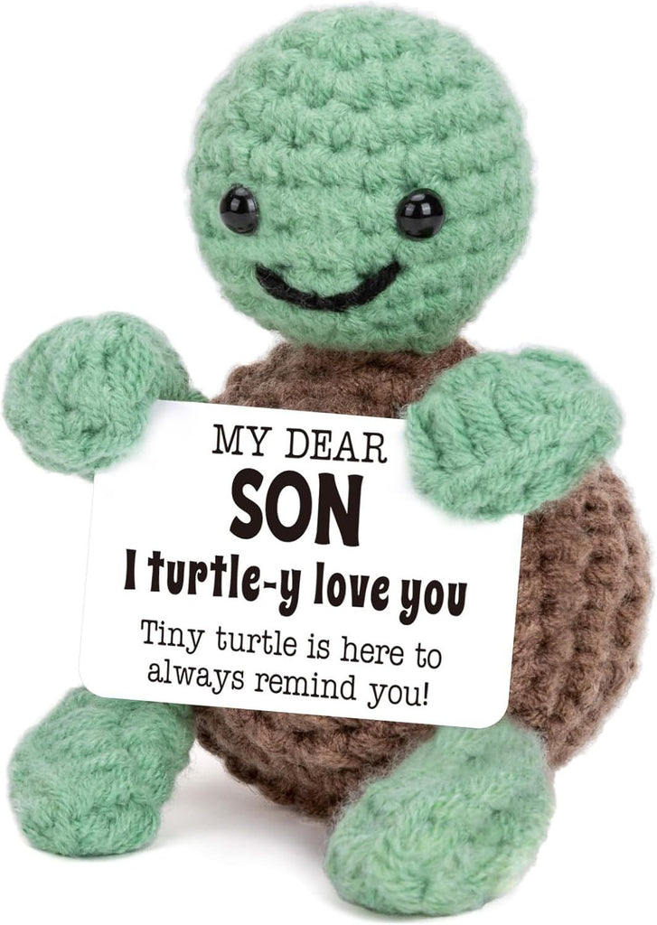 Funny Turtle Son Gifts from Mom Dad, Christmas Birthday Gifts for Kids Teens Adults Son in Law Bonus Step, I Love You Presents Small Cute Stuff Things, Handmade Emotional Positive Crochet Turtle