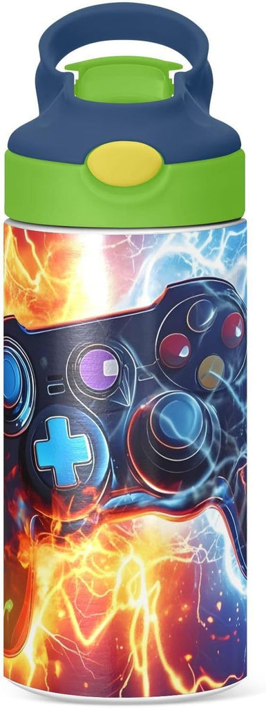 Game Controller Fire Electric Spark Kids Water Bottle with Straw Lid Insulated Tumbler with Handle Stainless Steel Reusable Toddlers Cup for Kids Boys 12 oz