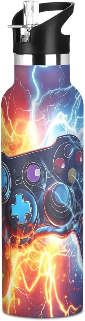 Game Controller Fire Electric Spark Water Bottles for Boys Kids Stainless Steel Bottle Cups with Straw Lid Leakproof Insulated Flask Jug 20