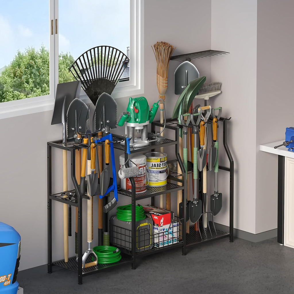 Garden Tool Organizer, Heavy Duty Yard Tool Tower Rack for Garage Organization and Storage, 3 Tier Utility Garden Tool Rack with hooks for Garden/Shed/Garage/Yard/Basement/Lawn