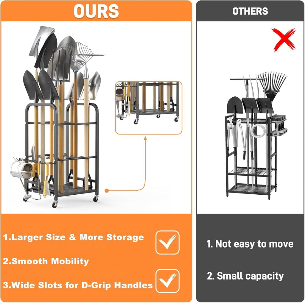 Garden Tool Organizer Stand with Wheels, Rakes Shovels Yard Tools Stand for Garage, Shed, Garden, Indoor/Outdoor Long-Handled Tools Cart