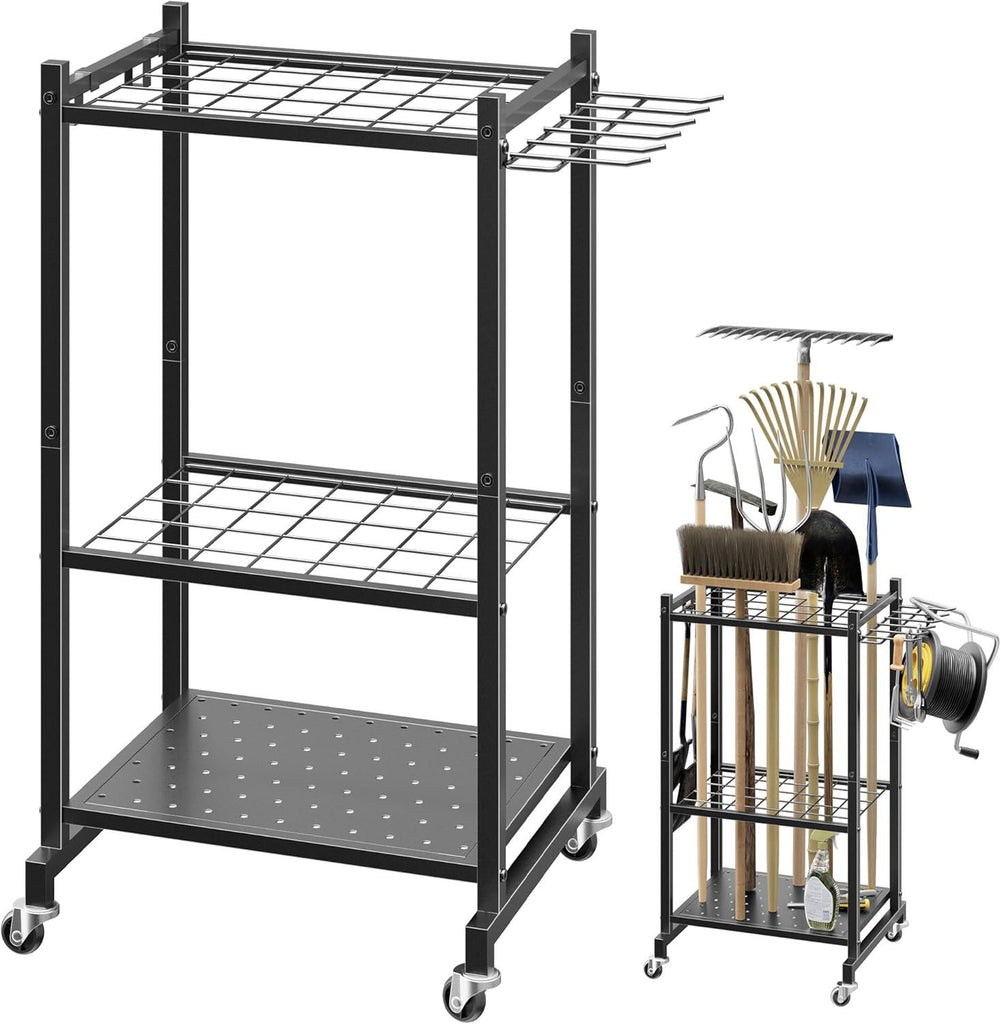 Garden Tool Organizer Stand with Wheels,Yard Tool Organizer for Garage with 2 Hooks, Rack Up to 42 Tools,Broom Holder & Garden Tool Rack for Shed, Patio, Outdoor Use