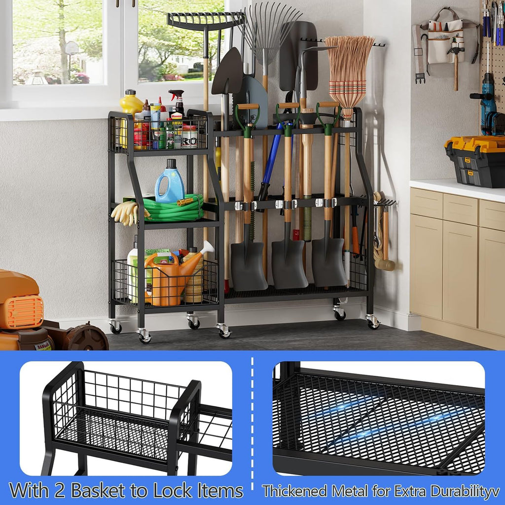 Garden Tool Organizer with 6 Wheels(3 lockable), Heavy Duty Yard Tool organizer with 2 Basket, Large Metal Garage Tool Organization and Storage for Garage/Shed/Yard/Broom Closet/Lawn