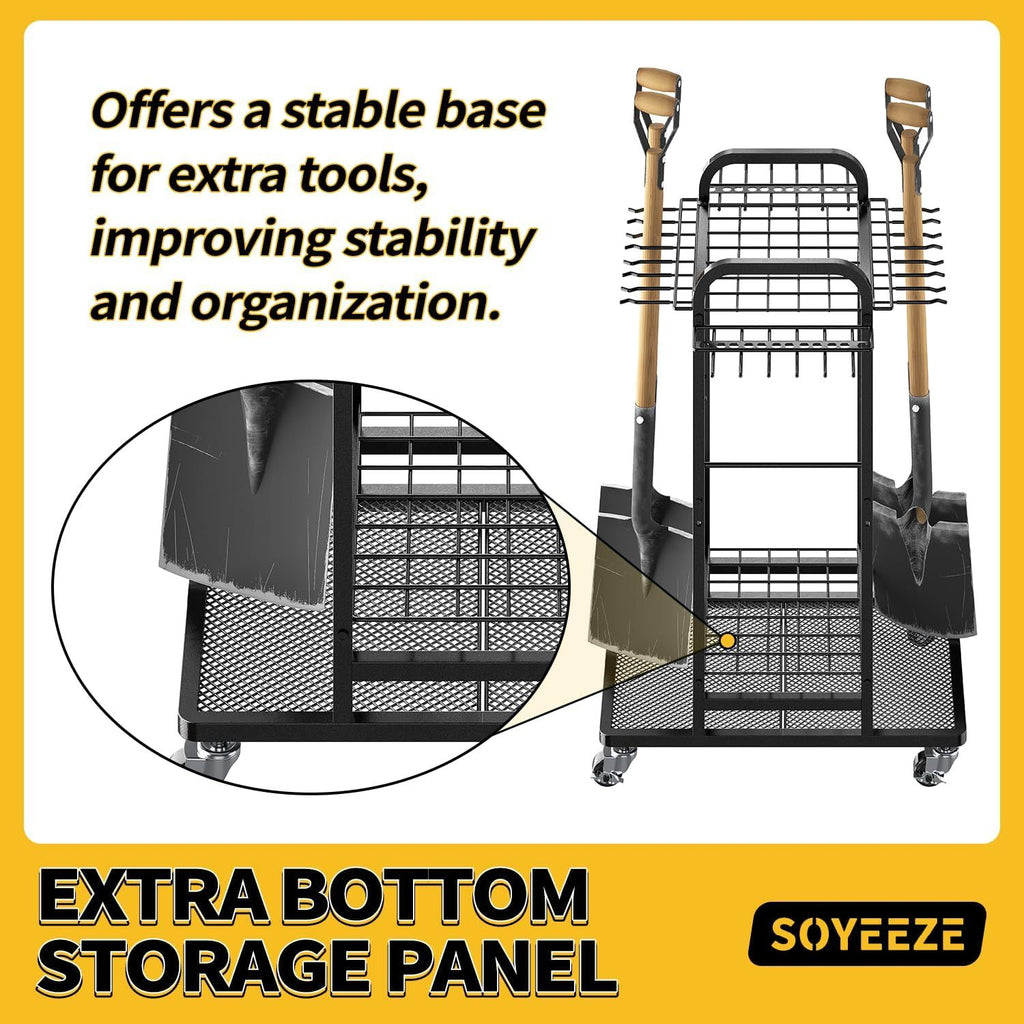 Garden Tool Organizer with Lockable Wheels, Heavy Duty 3-Tier Yard Tower Tool Rack for Garage, Holds Up to 35 Long-Handled Tools, Garden Tool Cart with 12 Hooks for Tool Organization Storage
