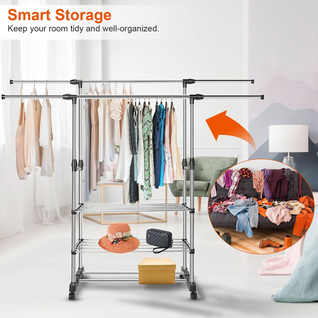 Garment Hanging Rack Extendable Clothing Hanging Rail Organizer with Rolling Wheels Hold up to 77LBS Max Load