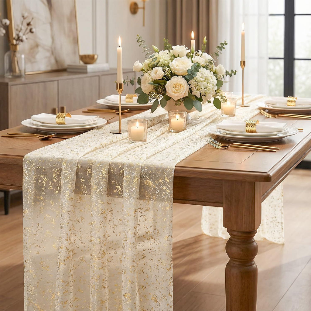 Gauze Table Runner 120 Inch 10FT, Glitter Metallic Foil Sheer Dining Wedding Anniversary Holiday Birthday Table Decor for Home Party