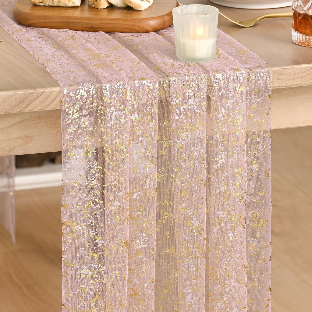 Gauze Table Runner 120 Inch 10FT, Glitter Metallic Foil Sheer Dining Wedding Anniversary Holiday Birthday Table Decor for Home Party
