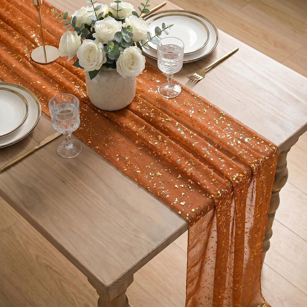 Gauze Table Runner 120 Inch 10FT, Glitter Metallic Foil Sheer Dining Wedding Anniversary Holiday Birthday Table Decor for Home Party