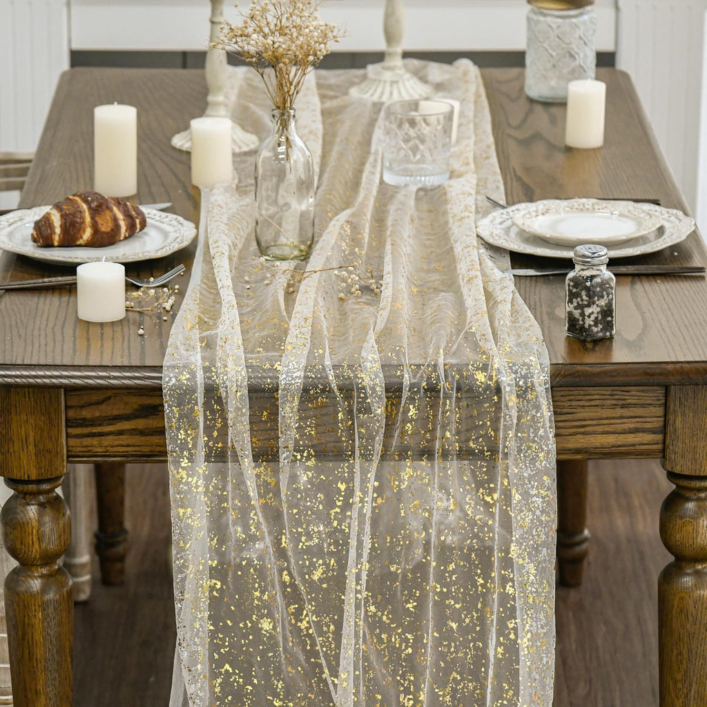 Gauze Table Runner 120 Inch 10FT, Glitter Metallic Foil Sheer Dining Wedding Anniversary Holiday Birthday Table Decor for Home Party