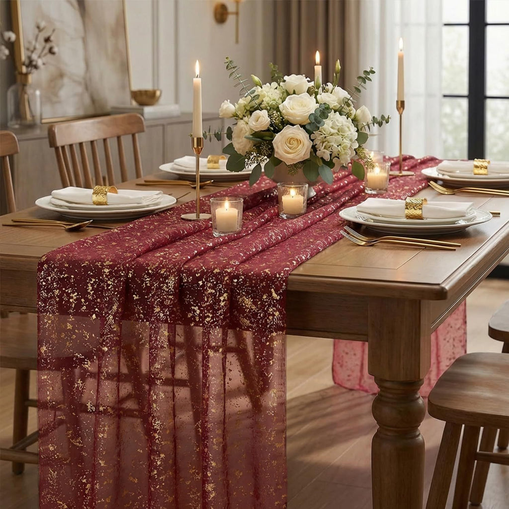 Gauze Table Runner 120 Inch 10FT, Glitter Metallic Foil Sheer Dining Wedding Anniversary Holiday Birthday Table Decor for Home Party