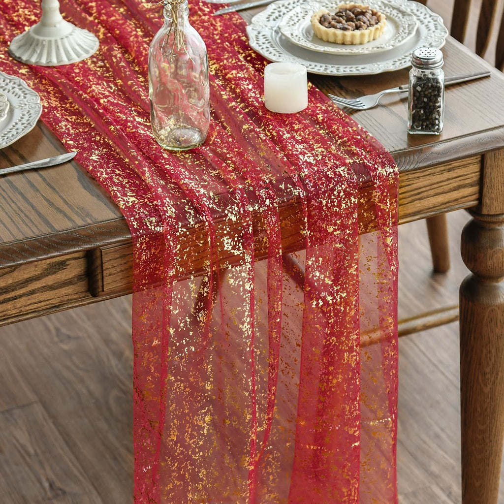 Gauze Table Runner 120 Inch 10FT, Glitter Metallic Foil Sheer Dining Wedding Anniversary Holiday Birthday Table Decor for Home Party