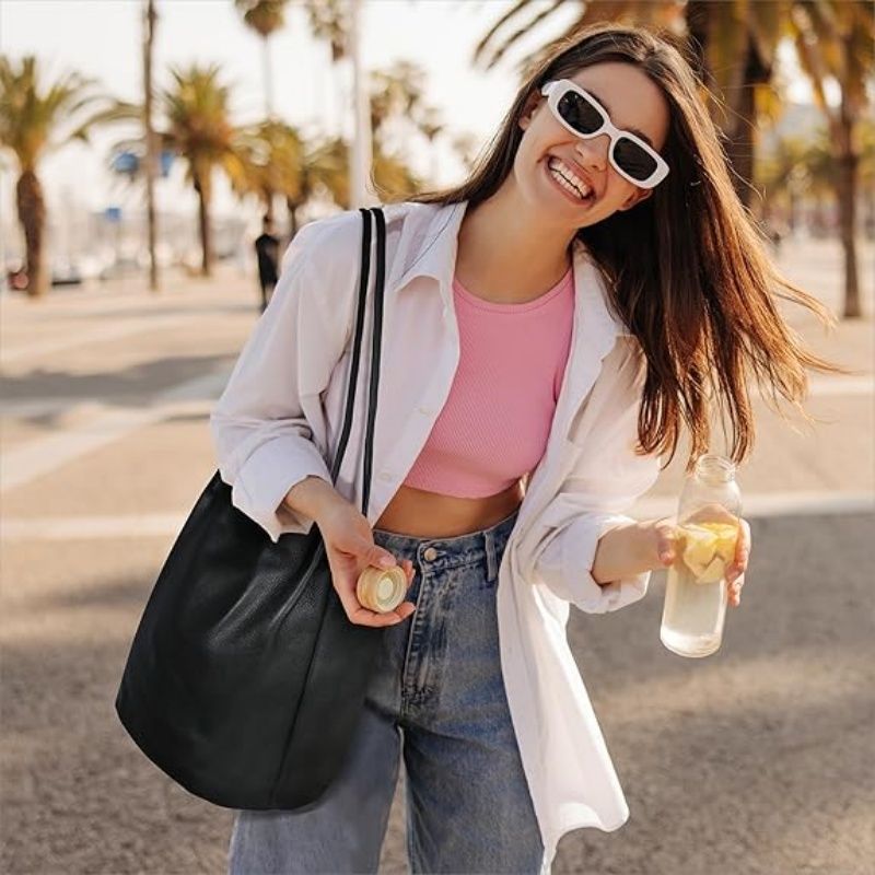 Genuine Leather Tote Bucket Bags Hobo Shoulder Bags Purse and Handbags for Women Trendy