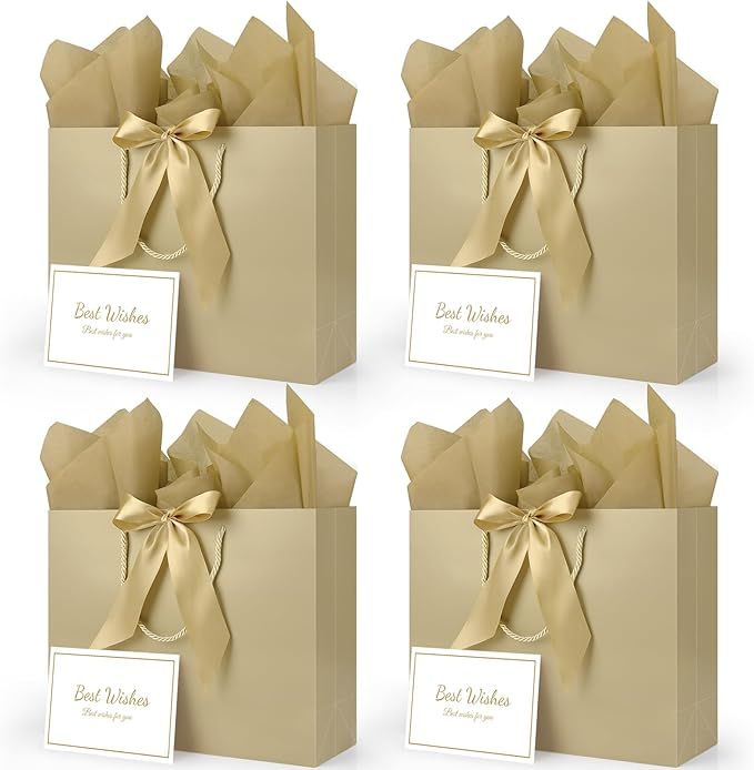 Gift Bag, 4PCS  Champagne Gift Bag with 4 Ribbon and 4 Greeting Cards 8 Tissue Paper, Large Gift Bags Wedding Gift Bags Present Bags for Birthday Valentines Party Birthday Mothers D