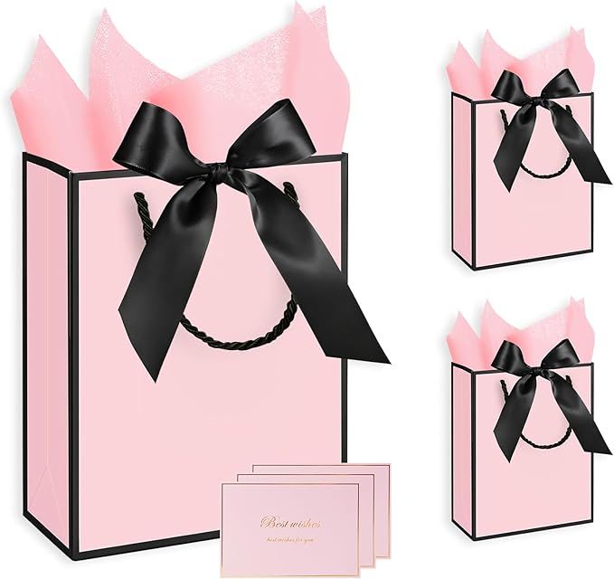 Gift Bags 3 Pcs Medium Size Paper Gift Bags with Tissue Paper and Handles,Bow Ribbon and Greeting Cards, 8" x 5" x 10", Pink