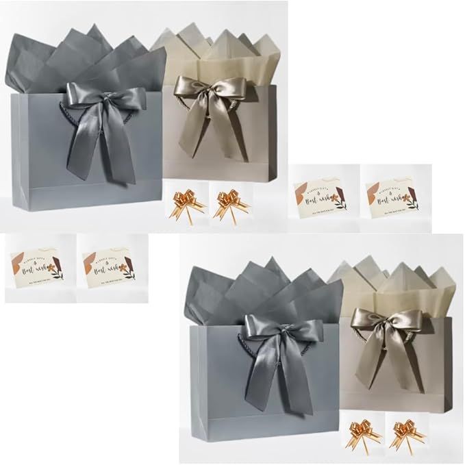 Gift Bags Set of 4 Medium size with Handles, 8 Tissue Papers, 4 Greeting Cards and 4 Pull Ribbons- Perfect for Birthdays, Weddings, Christmas, Parties and Special Occasions