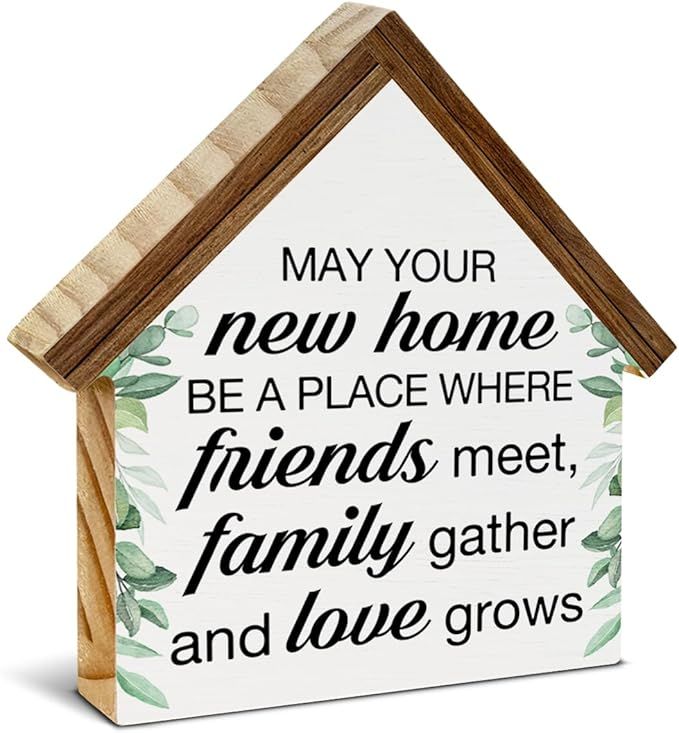 Gifts, New House New Apartment Decor, Gifts for New Home Owner, Blessings House Shaped Wooden Block Sign Home Living Room Decor for Desk Table Shelf