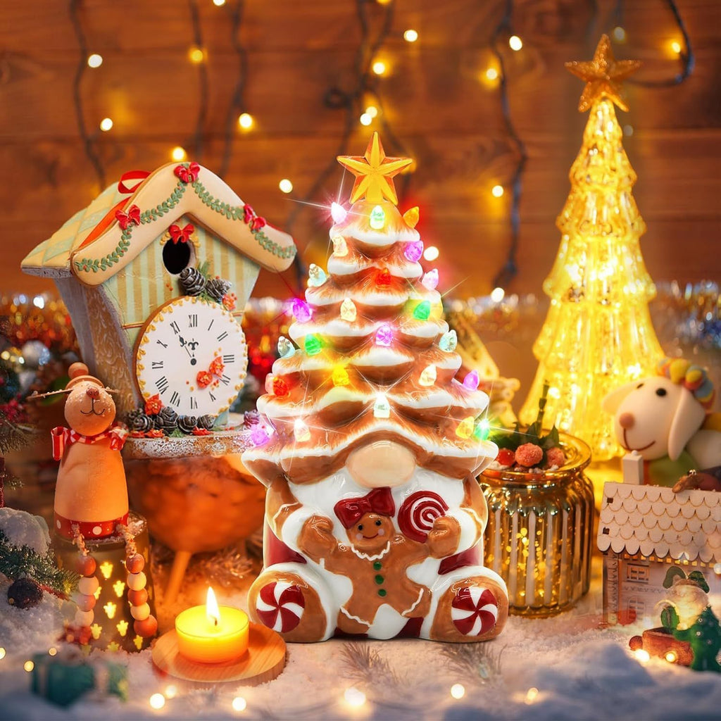 Gingerbread Christmas Decorations - 8Inch Lighted Up Gnomes Ceramic Christmas Tree- Winter Candyland Table Decor Gingerbread Village Gifts