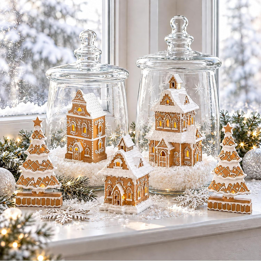 Gingerbread House Christmas Decorations - 5PCS Village Set with Trees with Detailed Resin Designs for Tabletop Mantel Shelf Christmas Home Decoration
