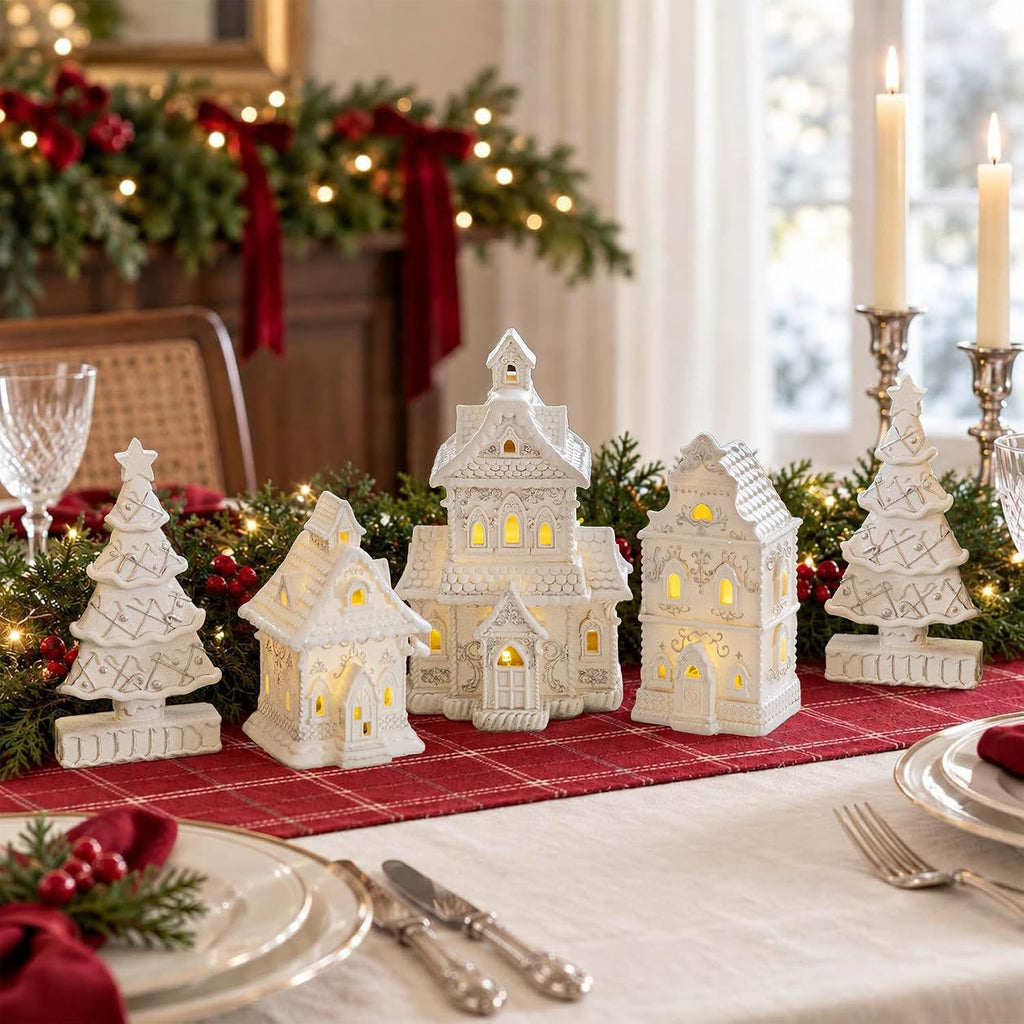 Gingerbread House Christmas Decorations - 5PCS Village Set with Trees with Detailed Resin Designs for Tabletop Mantel Shelf Christmas Home Decoration